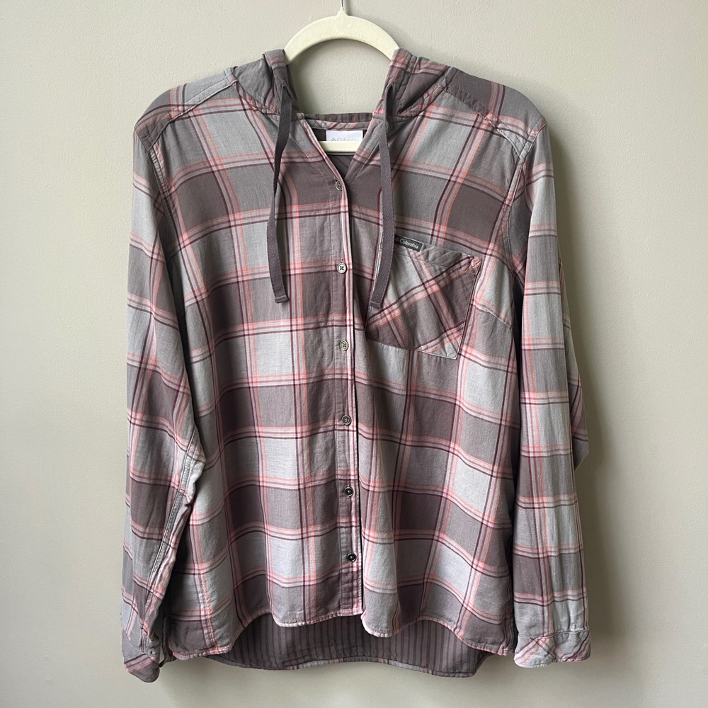Columbia Flannel Shirt Women's XL Plaid Gray Purple Outdoor Fall Cotton Hiking